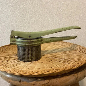 Vintage Metal Potato Masher Ricer  With Green Metal Handles Mid Century